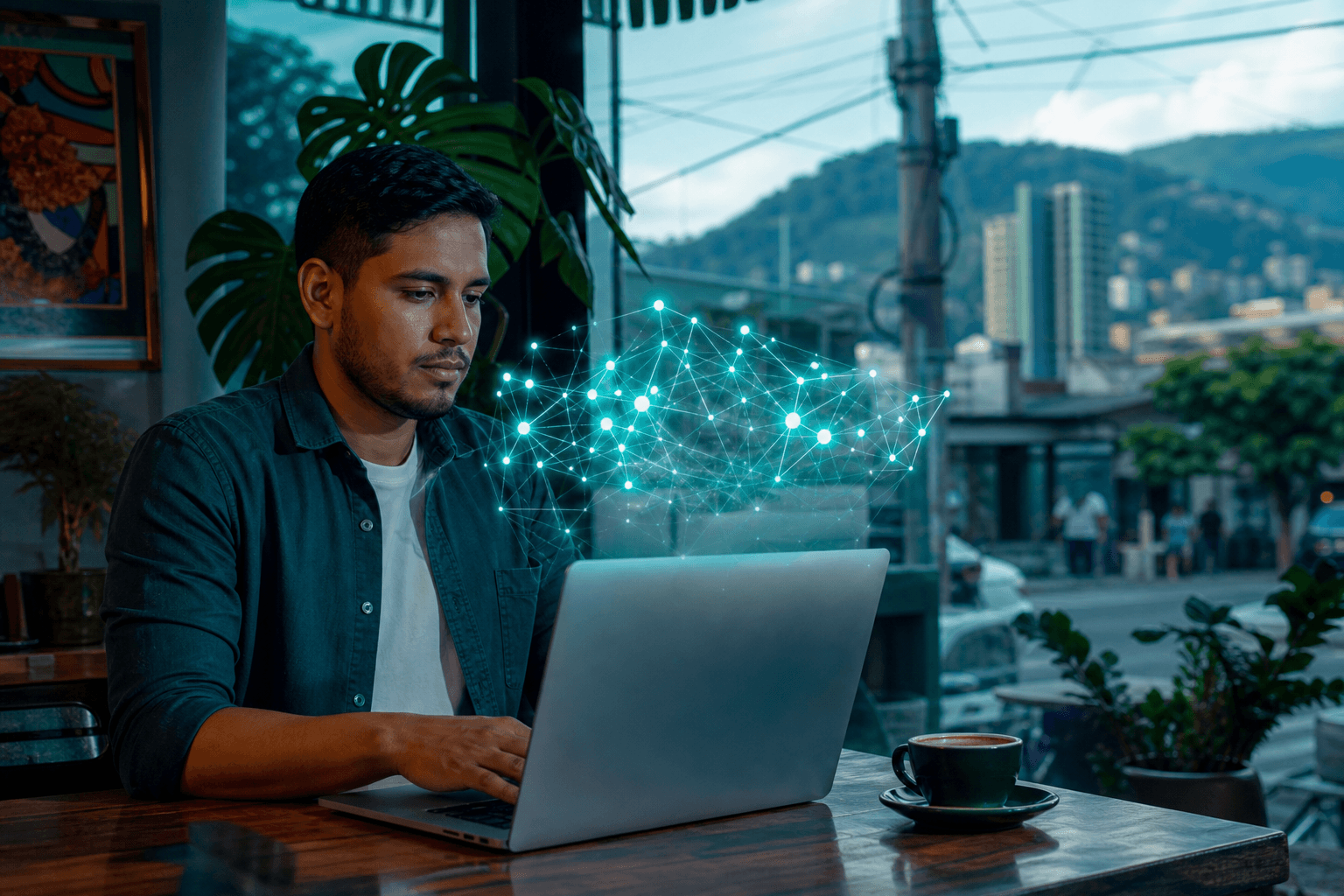 Emprendedor en Honduras usando herramientas de inteligencia artificial en un café