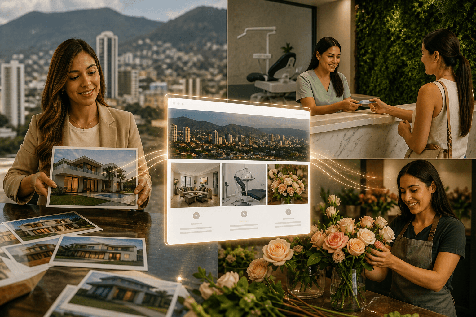 Negocios locales hondureños — inmobiliaria, clínica y floristería — unidos por un sitio web